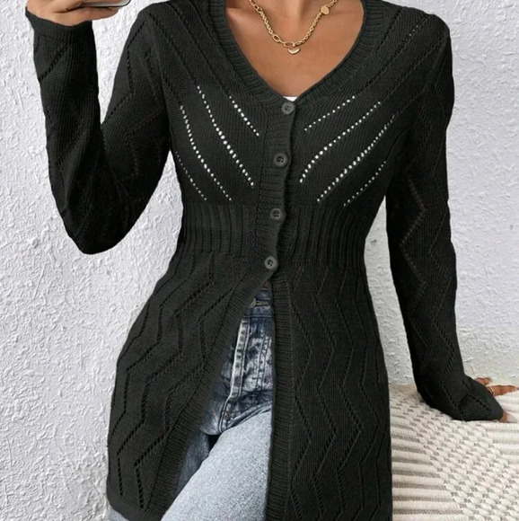 Women V-Neck Hollow Thin Knitted Short Cardigan - Picture 1 of 6